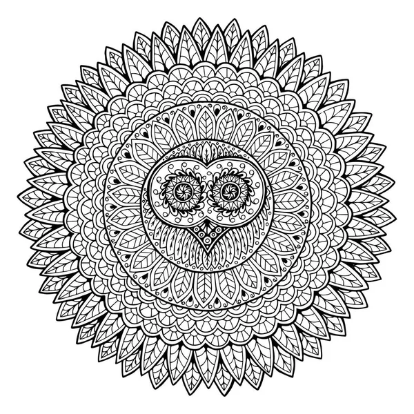 Dekorativní sova v kruhu mandaly. Dospělí, dětská antistresová stránka. Černobílé ručně kreslené indické ilustrace pro omalovánky — Stockový vektor