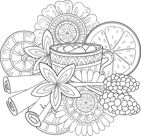 Black and white doodle still life vector background in graphic. Tea or coffee cup with marshmallow, cinnamon rolls, honey, sugar crystals and lemon. — 스톡 벡터