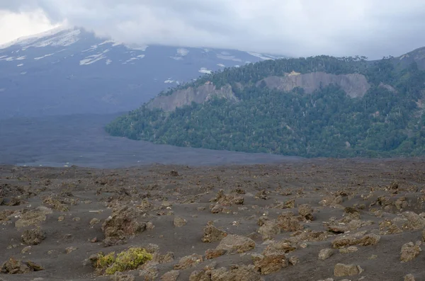 Champ de lave solidifiée et volcan Llaima recouvert de nuages en arrière-plan . — Photo