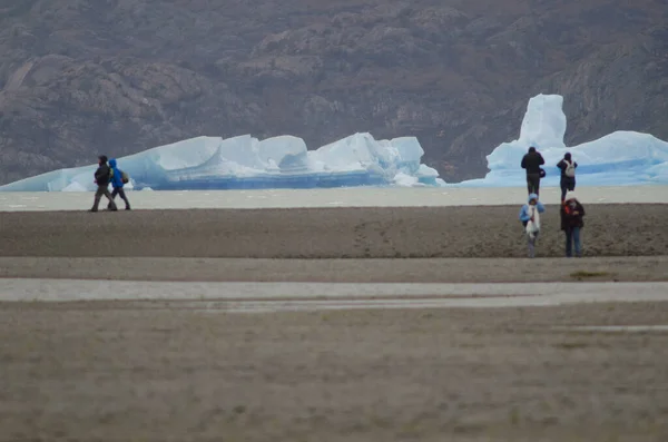 Icebergs em Grey Lake e turistas no Parque Nacional Torres del Paine . — Fotografia de Stock