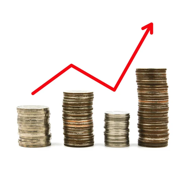 Stacked coins graph arrow — Stock Photo, Image