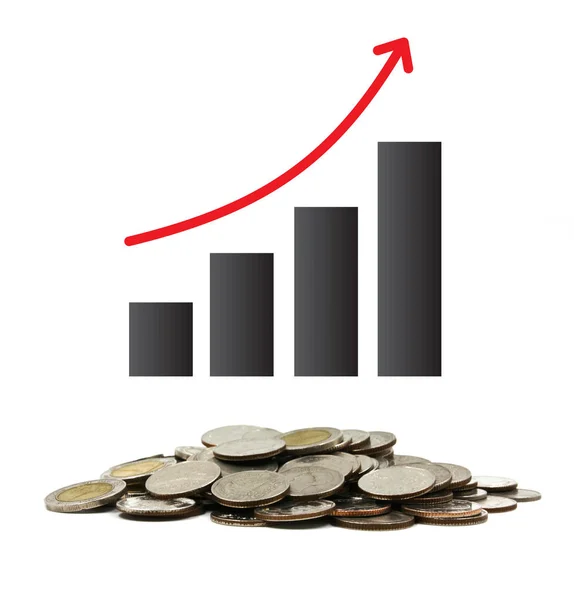 A pile of coins with graph and arrow — Stock Photo, Image