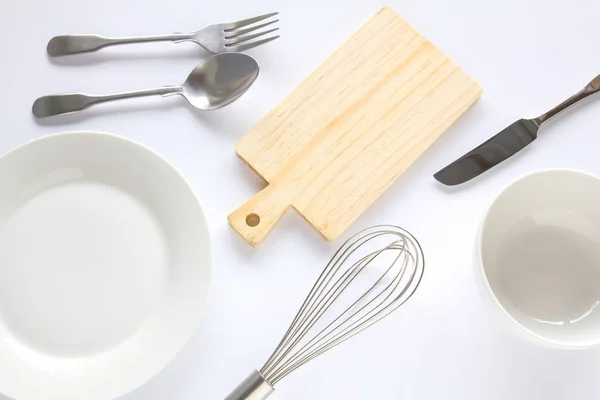Conceito de design de mockup vários utensílios de cozinha definido no whi — Fotografia de Stock