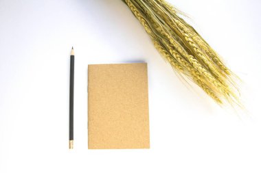 Beyaz arkaplanda defter ve kalem.