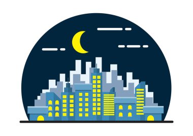 Night City Peyzaj Çizimi. Düz Tasarım.