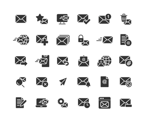 Conjunto de iconos sólidos de correo electrónico y correo. Vector e ilustración . — Vector de stock