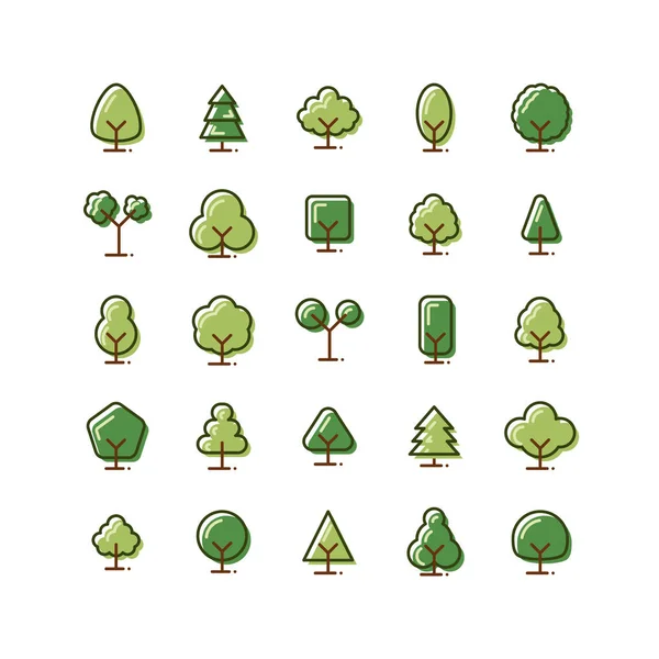 Ensemble d'icônes de contour remplies d'arbres. Vecteur et illustration . — Image vectorielle