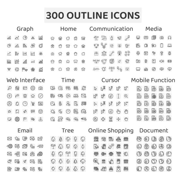 Ensemble 300 Icônes Contour Graphique Maison Communication Médias Interface Web — Image vectorielle