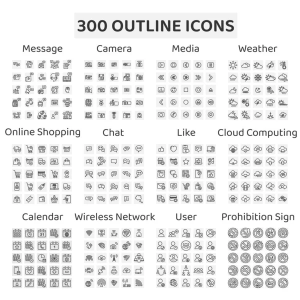 Set 300 Outline Icons Message Camera Media Weather Online Shopping — Stock Vector