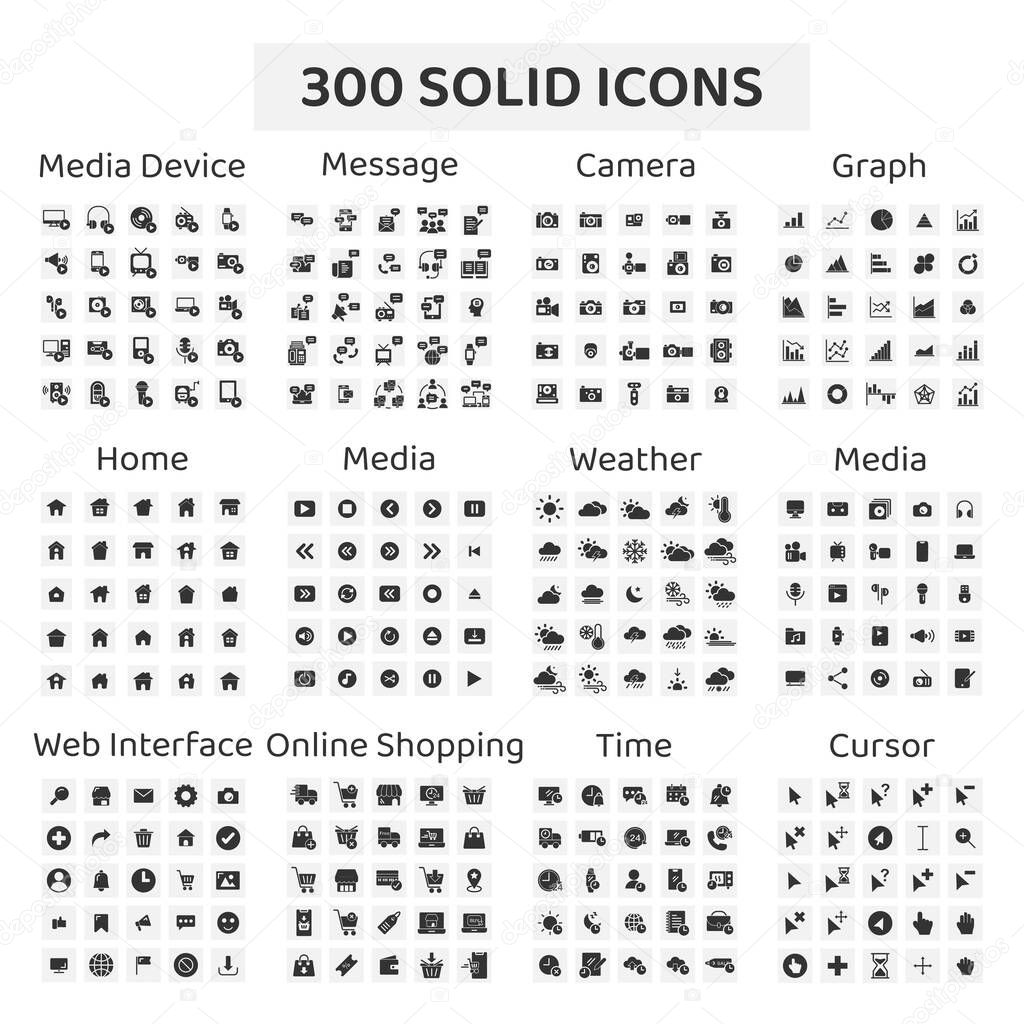 Set of 300 solid icons : media device ,message ,camera ,graph ,home ,media ,weather ,web interface ,online shopping ,time ,cursor.