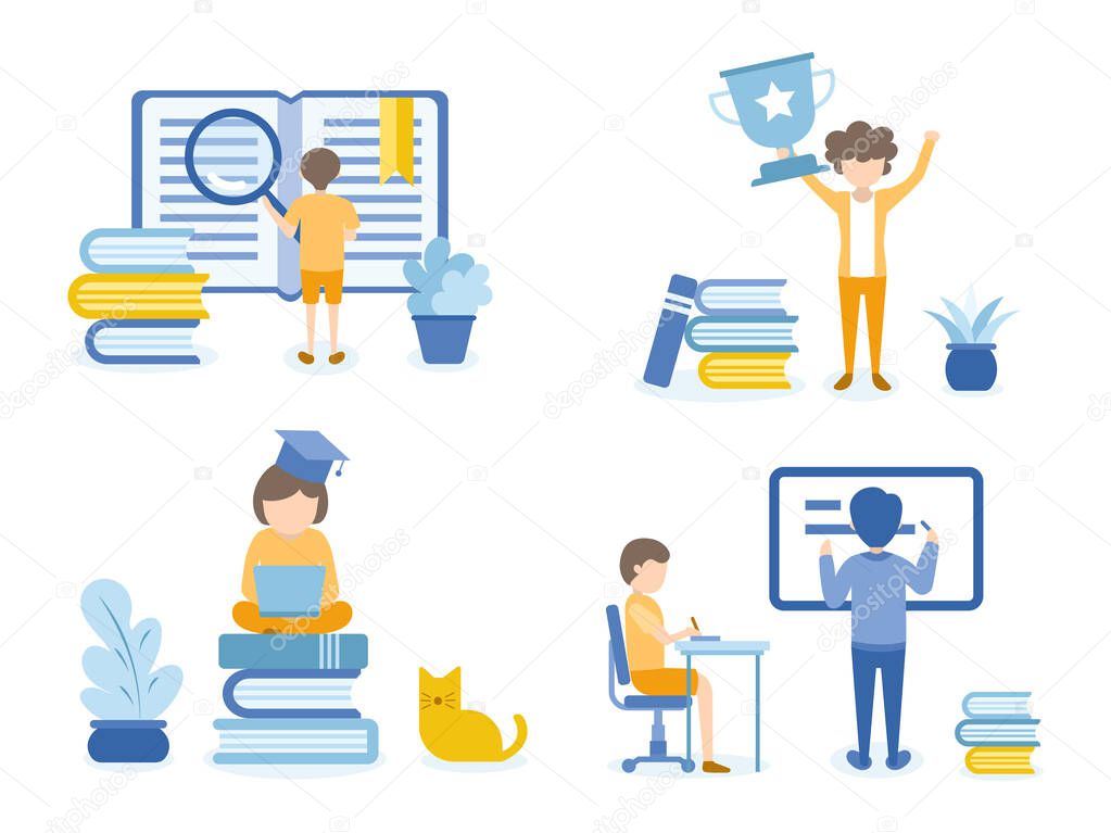 Boy searching in a book for his homework. Women happy with Trophy. Concept Illustration of education for training, studying, e-learning, and online course.