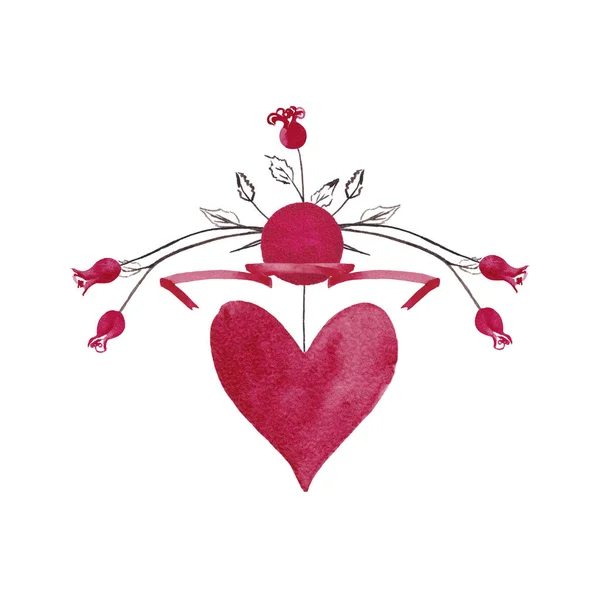 Ilustracja Stylu Tatuażu Dekoracyjne Czerwone Serce Wstążki Mini Róże Łodygach — Zdjęcie stockowe