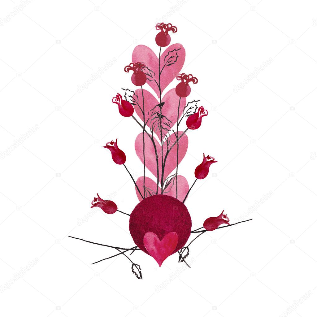 Illustration in tattoo style of decorative pink hearts, round spot and mini roses on stems. Card for declaration of love. Watercolor hand painted elements isolated on white background. 