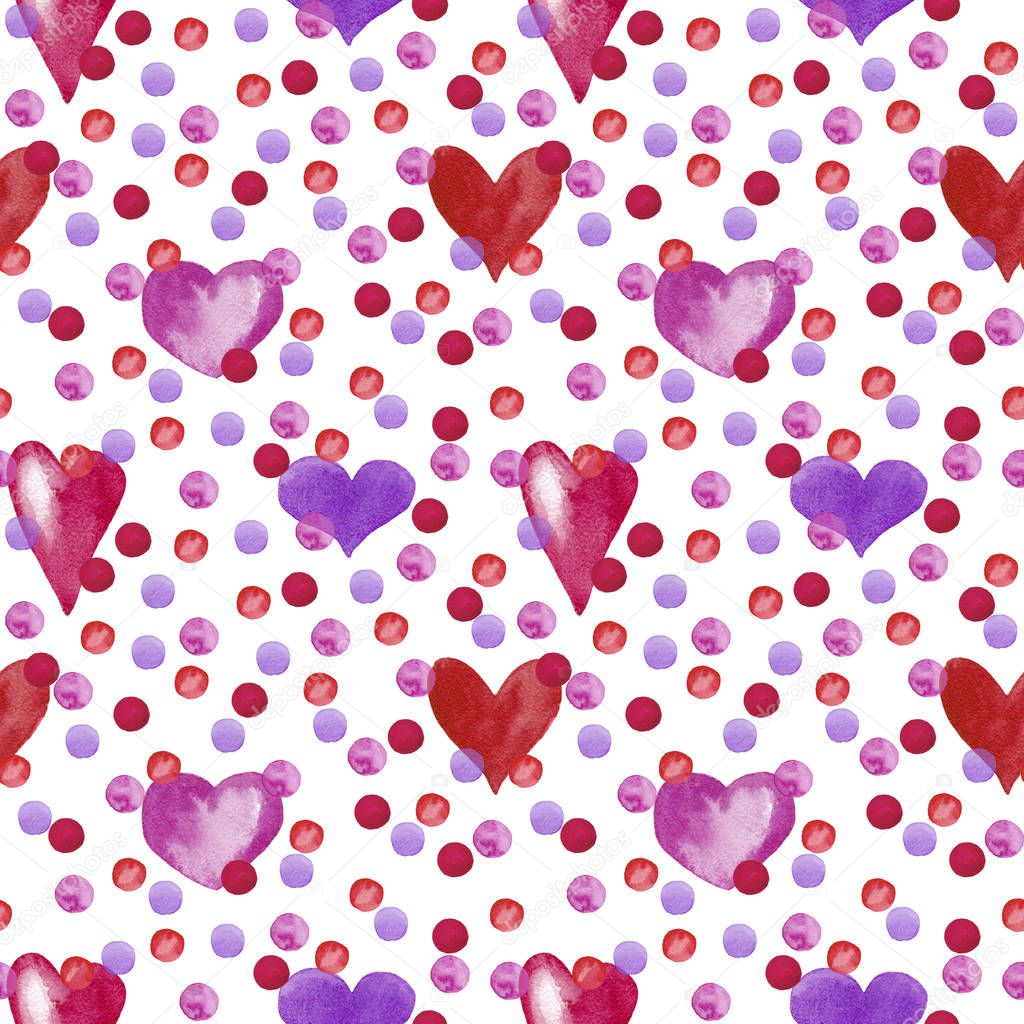 Seamless pattern of decorative colored hearts and small spots. Sweets and confetti imitation. Watercolor hand painted elements isolated on white background.