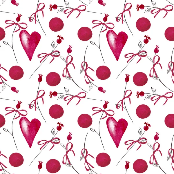 シームレスなパターン装飾的な赤いハート リボン 茎や円形のスポットにミニバラのバレンタインデーのテーマ 愛の象徴 白い背景に孤立した水彩手描きの要素 — ストック写真