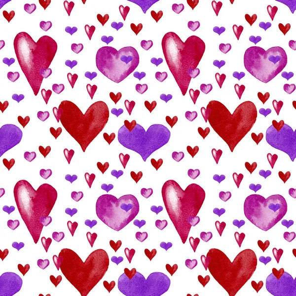 Płynny Wzór Dekoracyjnych Dużych Małych Kolorowych Serc Temat Walentynek Akwarela — Zdjęcie stockowe