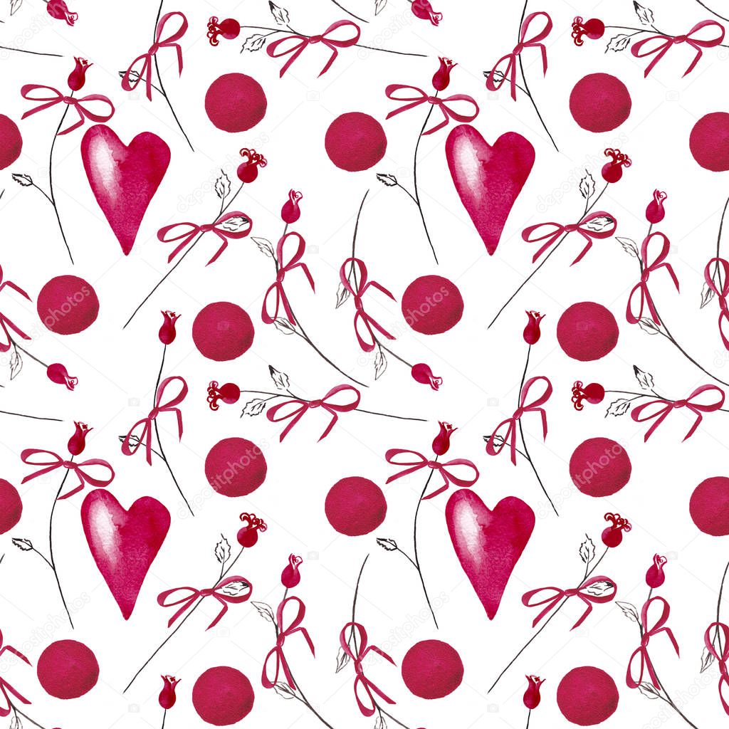 Seamless pattern Valentine day theme of decorative red  hearts, ribbons, mini roses on stems and round spots. Symbols of love. Watercolor hand painted elements isolated on white background. 