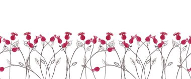 Dekoratif kırmızı güllerin siyah saplı kusursuz sınırı. Seramik dekor. Suluboya elle boyanmış elementler beyaz arkaplanda izole edilmiş. 