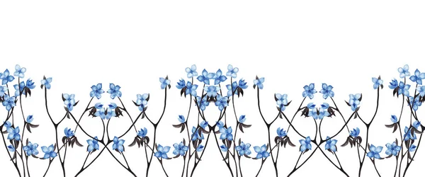 Bordure Sans Couture Fleurs Bleues Décoratives Sur Des Branches Noires — Photo