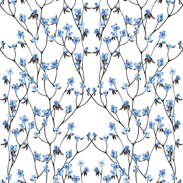 Seamless pattern of decorative blue flowers on black branches. Forest lilac in spring. Reflective repetition. Watercolor hand painted elements isolated on white background.