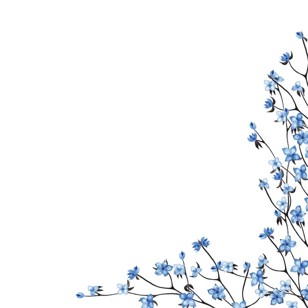 Marco Esquina Flores Azules Decorativas Ramas Negras Elegante Decoración Primavera —  Fotos de Stock