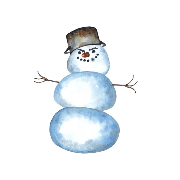 Grappige Mollige Glimlachende Sneeuwpop Cartoon Stijl Met Oude Steelpan Het — Stockfoto