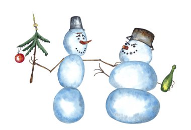 Şampanyalı ve köknar ağacıyla iki komik kardan adam mutlu bir şekilde gülümsüyor ve birbirlerini Noel ve yeni yılla kutluyorlar. Suluboya elle beyaz arkaplana izole elementler çizdi.
