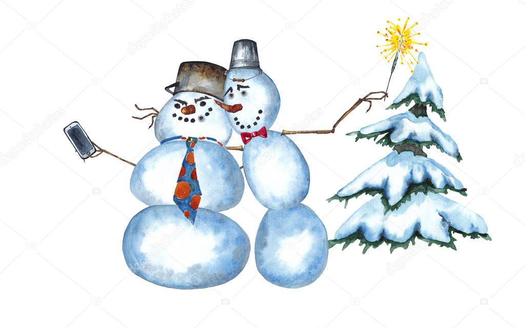 Two funny snowmen with bengali sparkles and smartphone in festive mood, smiling and making selfie near fir tree. Watercolor hand painted isolated elements on white background.