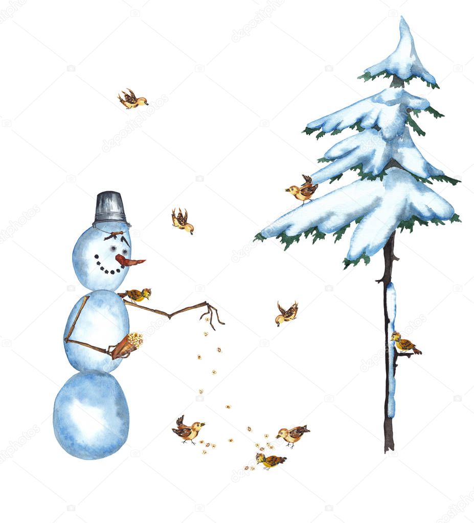 Funny lanky smiling snowman in cartoon style in pail hat on the head feeding sparrows under a snow-covered fir tree. Watercolor hand painted elements on white background.