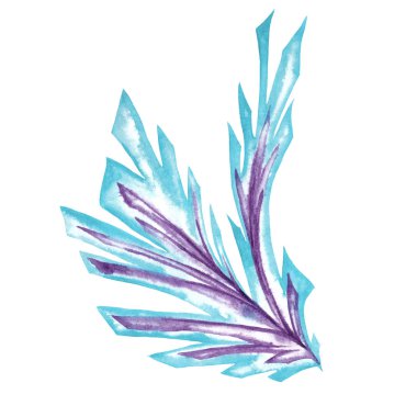 Soyut sanatsal mavi ve mor element, penceredeki buz kalıplarının stilize edilmesi olarak. Kör uçlu buz dalı. Beyaz arkaplanda izole edilmiş suluboya el resmi.