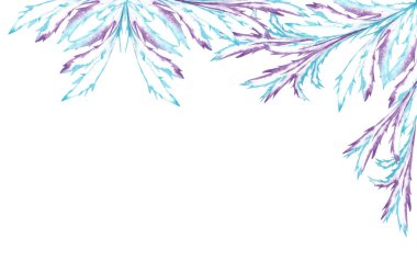 Soyut sanatsal mavi-mor elementlerin üst köşesindeki çerçeve - penceredeki don çiziminin stilize edilmesi. Keskin uçlu buz dalları. Suluboya elle boyanmış elementler beyaz arkaplanda izole edilmiş.