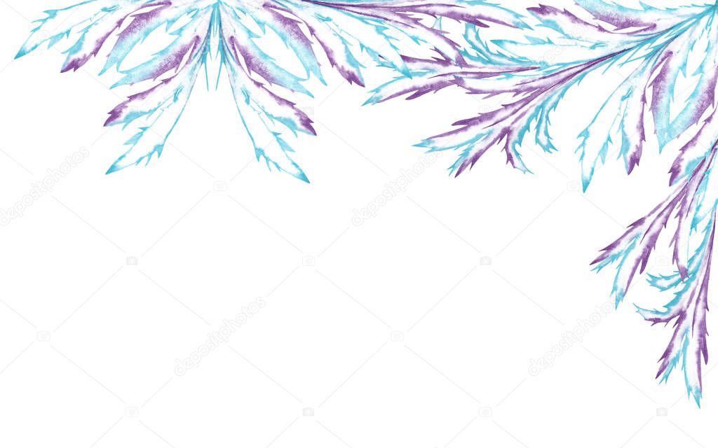 Corner upper frame of abstract artistic blue-purple elements - stylization of frost drawing on window. Ice branches with acute endings. Watercolor hand painted elements isolated on white background.