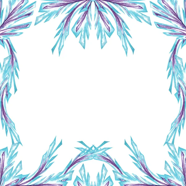 Symmetric quadratic frame of abstract artistic blue-purple pattern in frosty  style. Ice branches with blunt endings. Watercolor hand painted elements isolated on white background.
