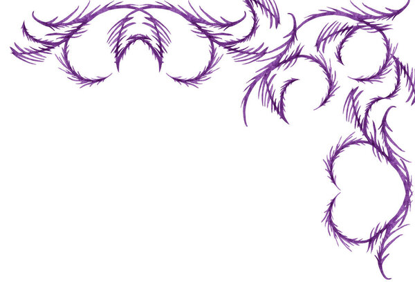 Corner upper frame of abstract artistic purple elements-monograms in frosty style. Watercolor hand painted elements isolated on white background.