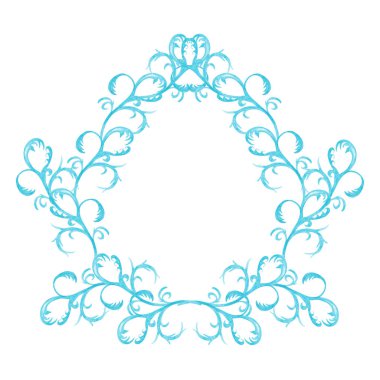 Soyut sanatsal mavi elementlerin simetrik çerçevesi donuk biçimde monogramlandı. Suluboya elle boyanmış elementler beyaz arkaplanda izole edilmiş.