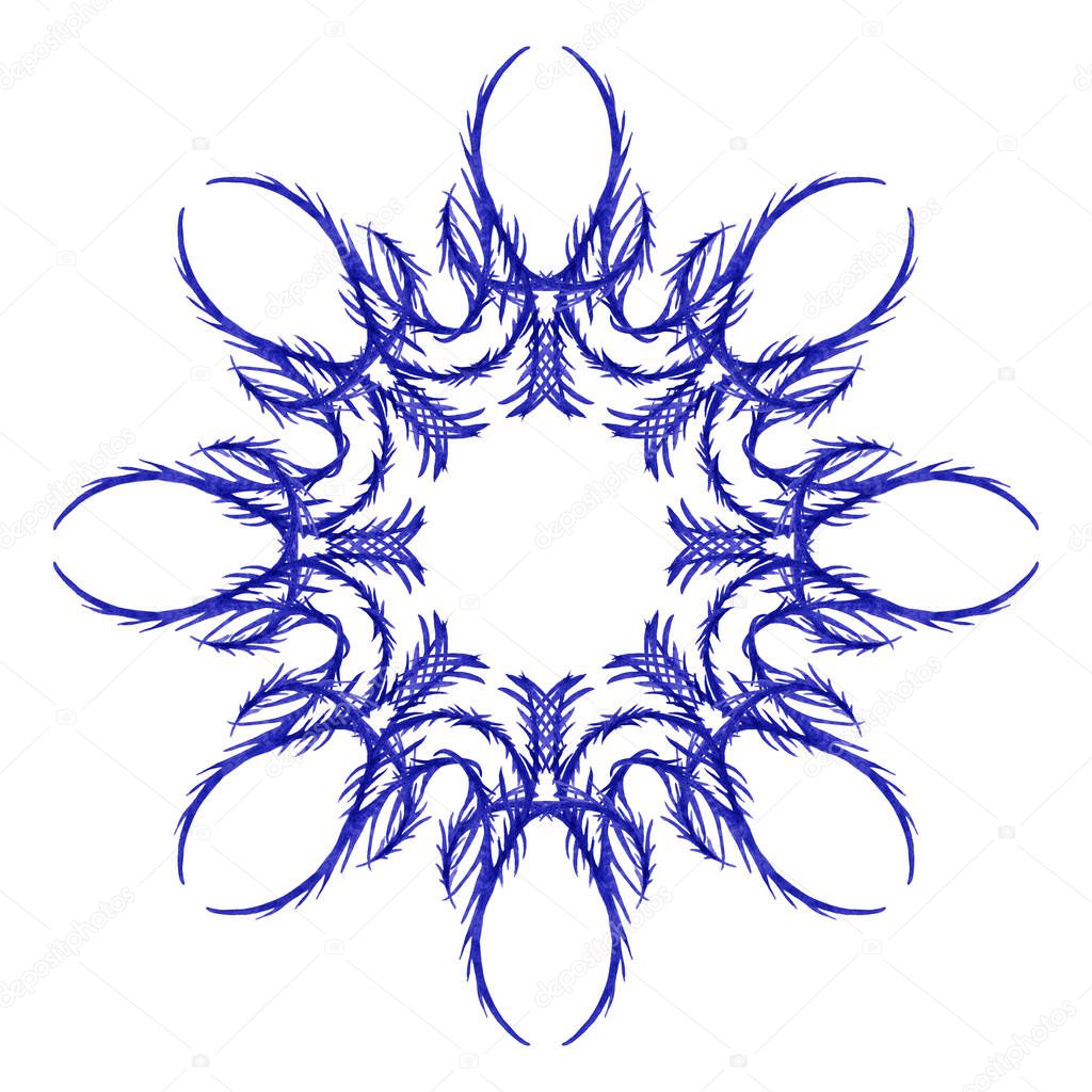 Abstract symmetric pattern of blue artistic elements-monograms in frosty style. Winter icy flower. Watercolor hand painted elements isolated on white background.