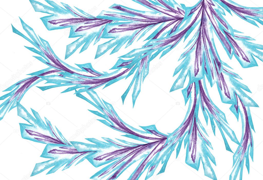 Abstract blue-purple pattern in hoarfrost line style. Imitation of ice drawing on the window. Watercolor hand painted elements isolated on white background.