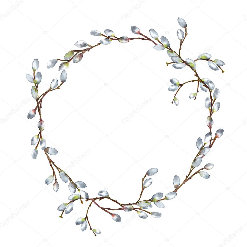 Round frame of realistic isolated willow branches in spring time with blooming buds. Easter symbol. Watercolor hand painted elements isolated on white background.