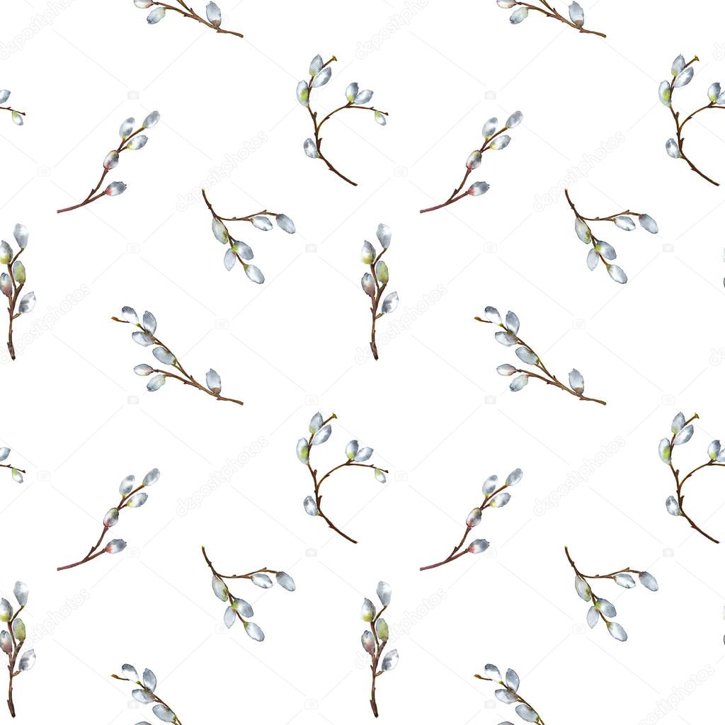 Seamless pattern of realistic willow branches in spring Easter time with blooming buds. Watercolor hand painted elements isolated on white background.