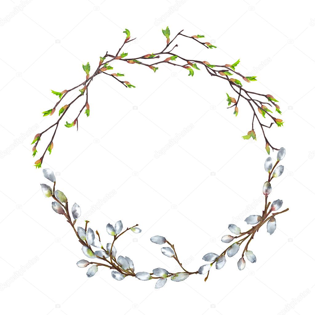 Round wreath of realistic isolated willow in bottom position and birch in upper. Branches in spring Easter time with blooming buds. Watercolor hand painted elements isolated on white background.