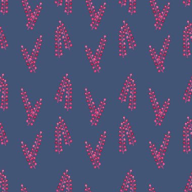 Soyut pembe gerçek dışı dutların kusursuz desenleri eşli simetrik satırlarda. Gri-mavi arkaplanda izole edilmiş suluboya elementler. 