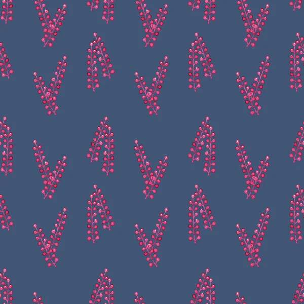 成对对称行的抽象粉红色虚幻浆果的无缝图案 水彩画手绘元素分离于灰蓝色背景 — 图库照片