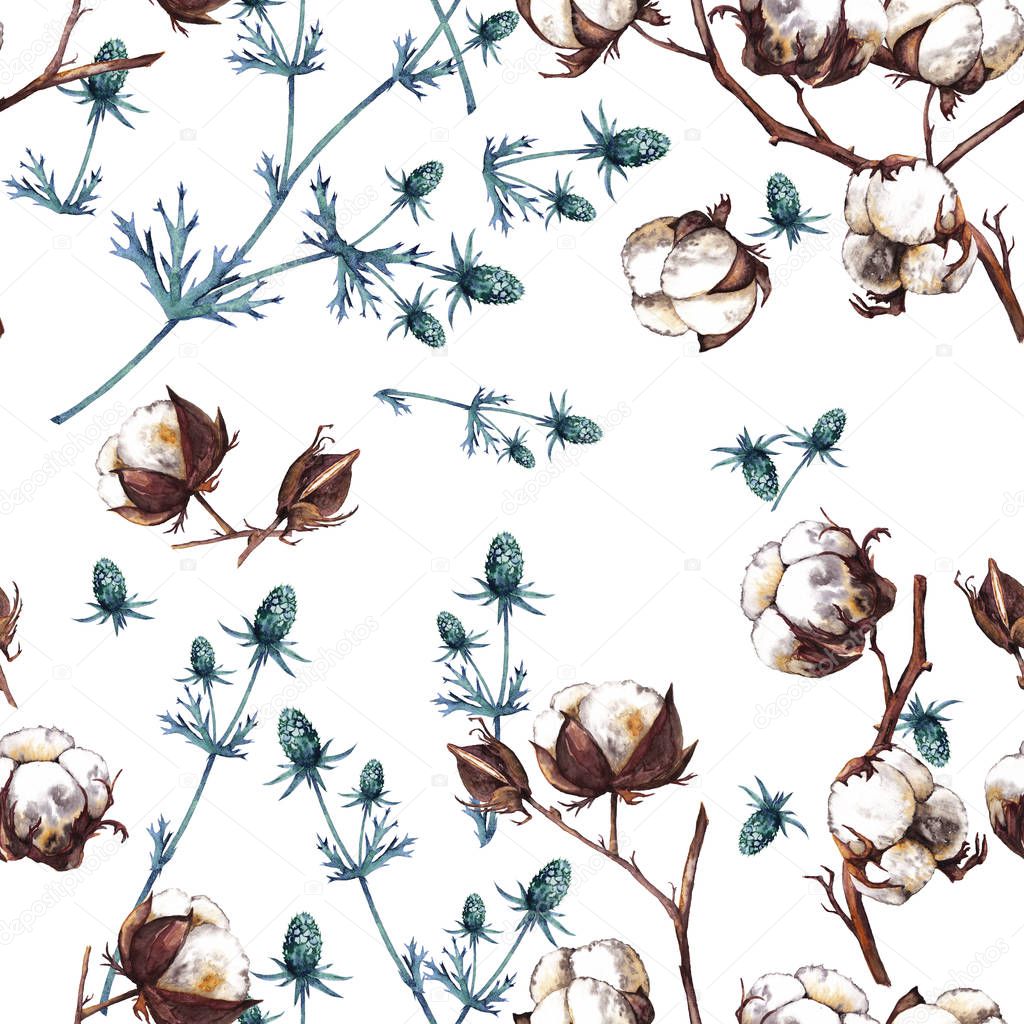Seamless pattern of realistic dry cotton and thistle branches. Watercolor hand painted elements isolated on white background.
