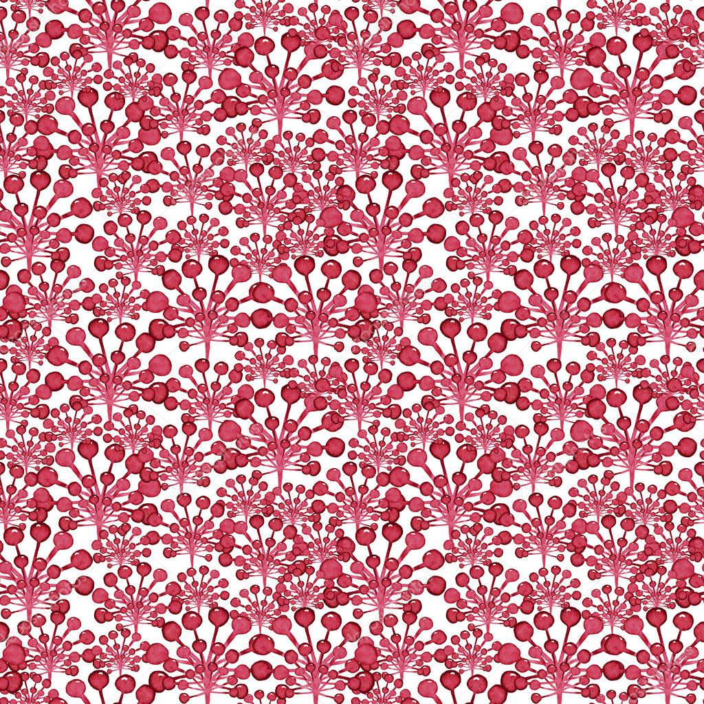 Seamless pattern of abstract unreal dark pink berries in chaotic intense order. Watercolor hand painted  elements isolated on white background. 