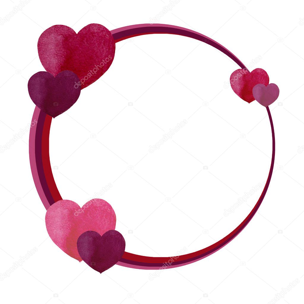 Round frame of simple asymmetric rings in red hues with three hearts pairs. Romantic decoration. Symbol of Valentine's festive. Watercolor hand painted elements isolated on white background.