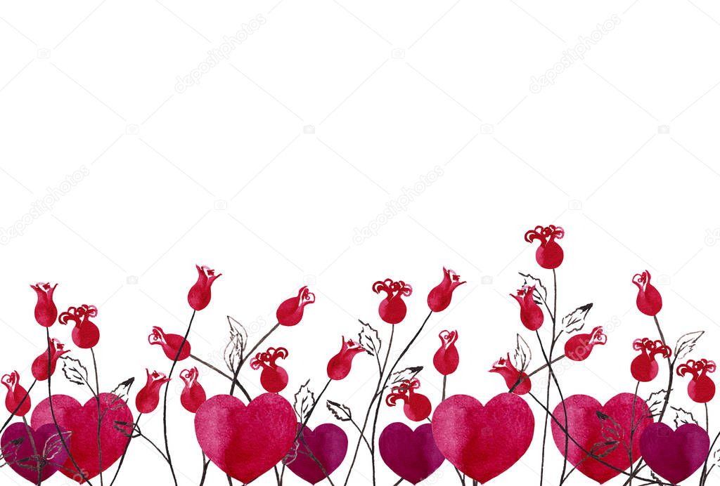 Seamless border of simple red mini roses on stems with hearts pairs. Romantic decoration. Symbol of Valentine's festive. Watercolor hand painted elements isolated on white background.