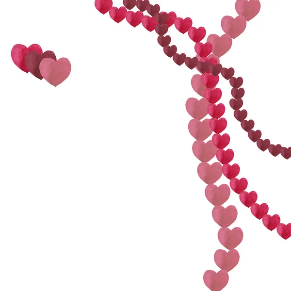 シンプルな赤の色の心のコーナー非対称フレーム ロマンチックな装飾 バレンタインデーのシンボル 白い背景に孤立した水彩手描きの要素 — ストック写真