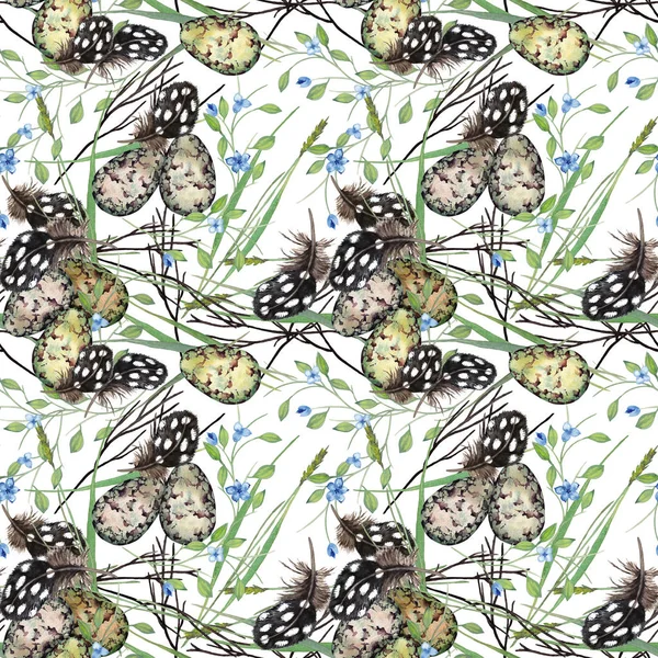 Beautiful Spring Seamless Pattern Realistic Quail Eggs Dry Branches Feathers — Stock Photo, Image