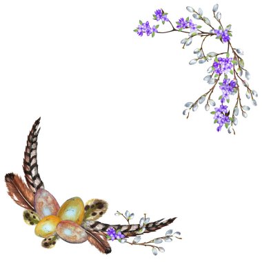 Beautiful spring realistic corner frame of wild birds eggs, feathers, willow and lilac branches. Easter and springtime symbol. Watercolor hand painted isolated elements on white background.
