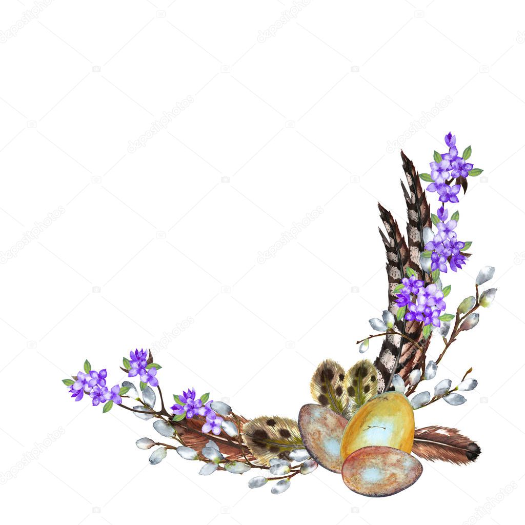 Beautiful spring realistic semicircle frame of wild birds eggs, feathers, willow and lilac branches. Easter and springtime symbol. Watercolor hand painted isolated elements on white background.